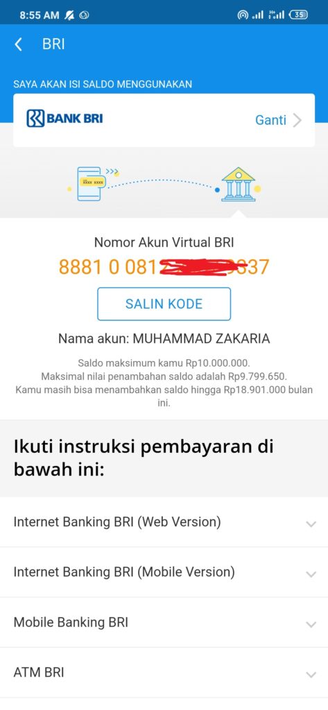 cara isi saldo dana dari Bank BRI