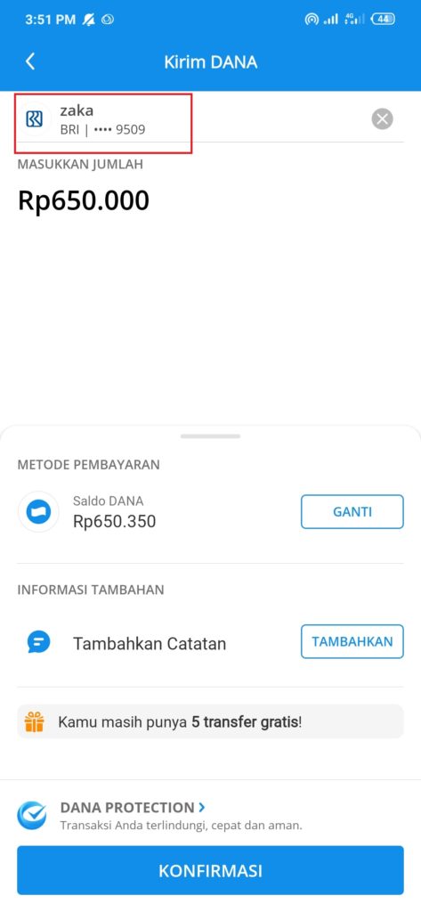 kirim uang dari dana ke rekening BAnk BRI