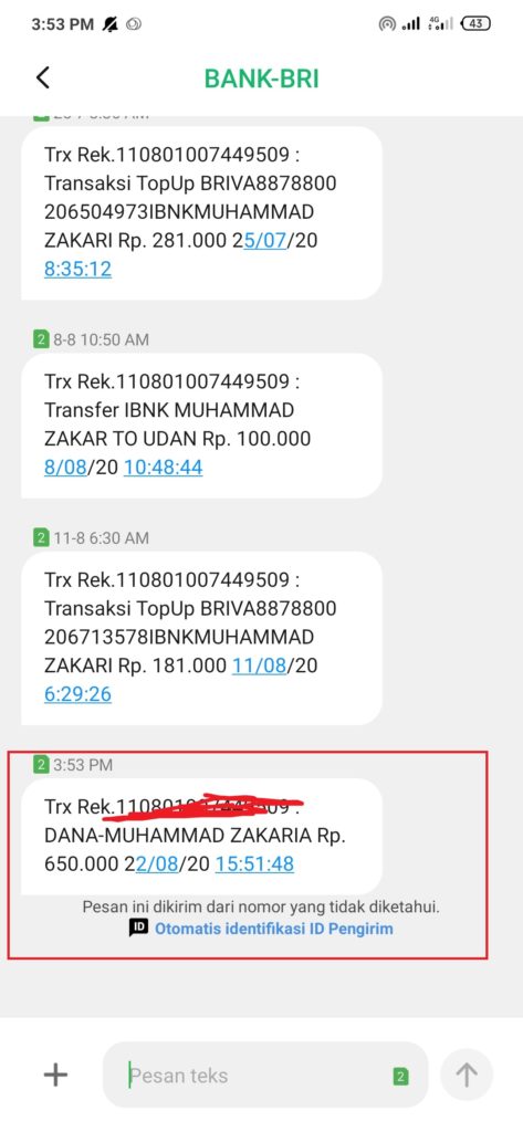 Bukti Kirim Uang dari Dana ke Bank BRI Berhasil