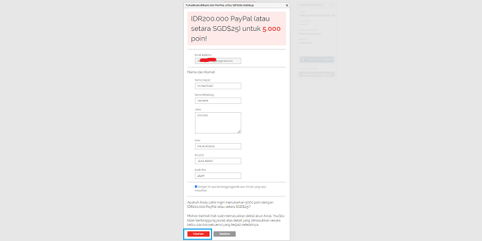 Tukarkan poin 5000 dengan saldo paypal