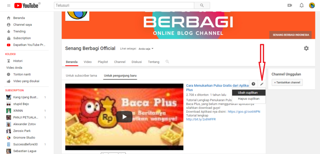 cara mengganti cuplikan video play di youtube channel