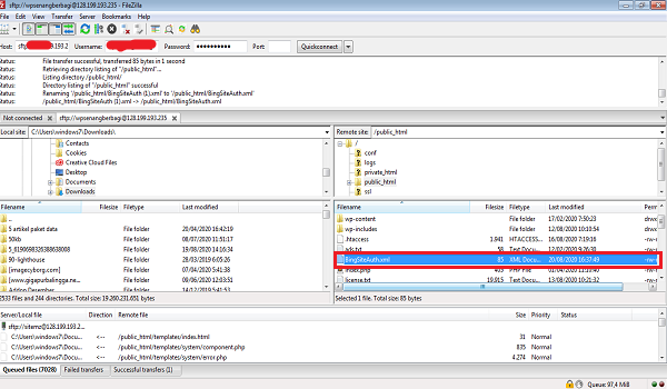 Verifikasi Bing Pada wordpress dengan filezilla