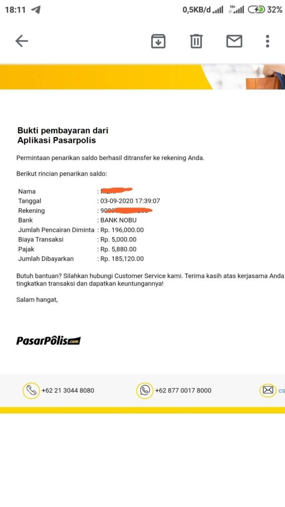 Bukti pembayaran dari Aplikasi Pasarpolis