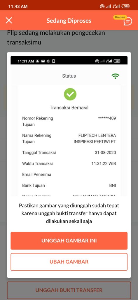 cara upload bukti transfer ke flip 