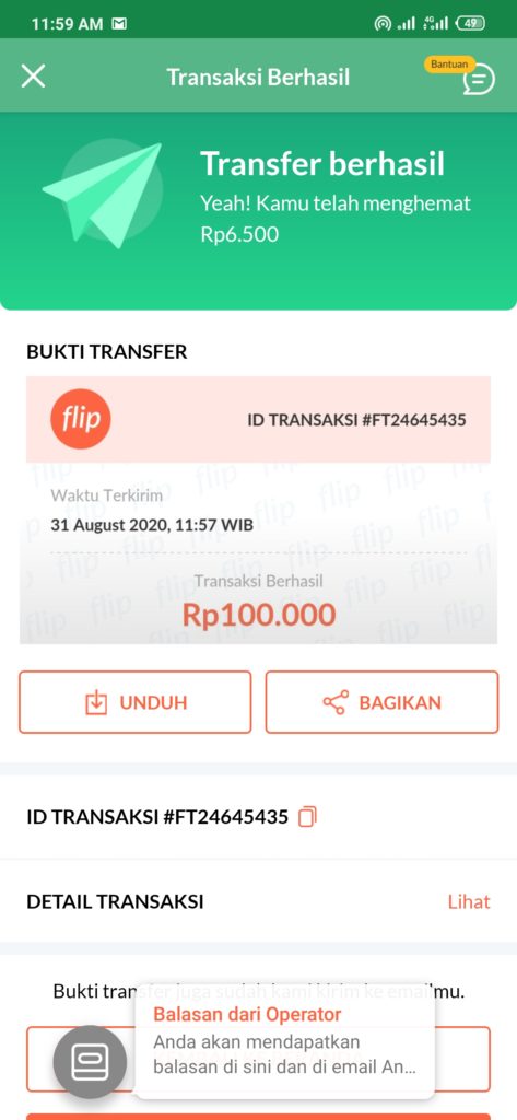 bukti kirim uang ke rekening bank BNI gratis dengan flip