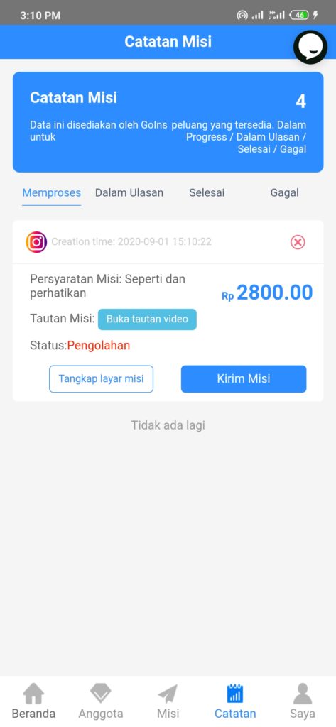 cara mengerjakan misi dari Aplikasi Goins Android