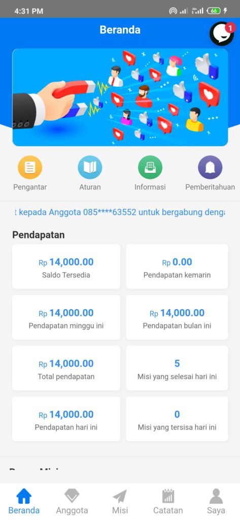 bukti misi telah selesai dari Aplikasi Goins