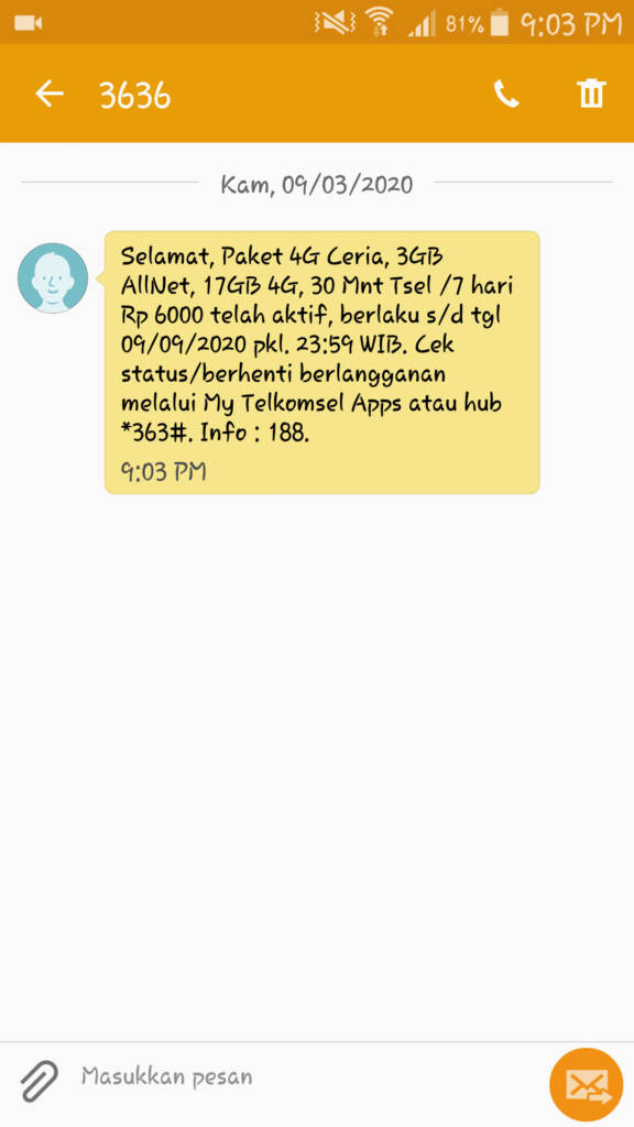 bukti paket 4G Ceria 20GB hanya Rp6rb sudah aktif