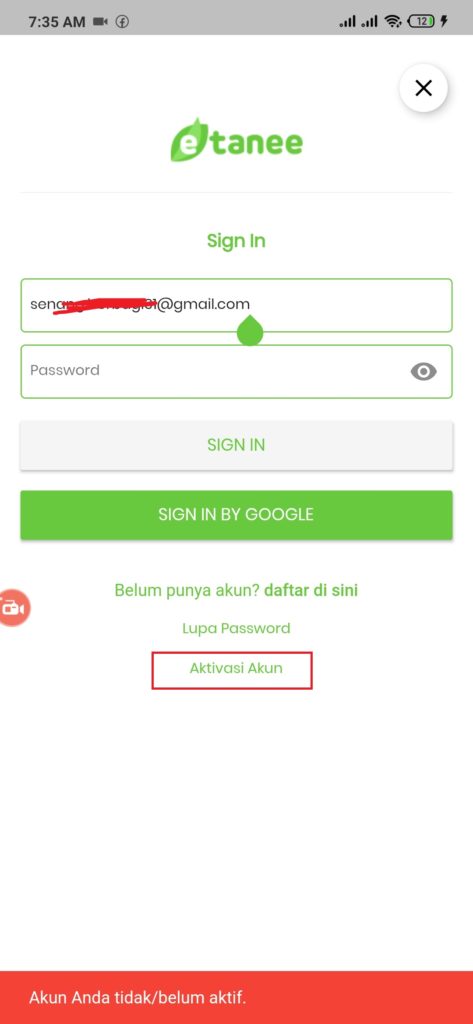 cara aktivasi akun dari aplikasi etanee