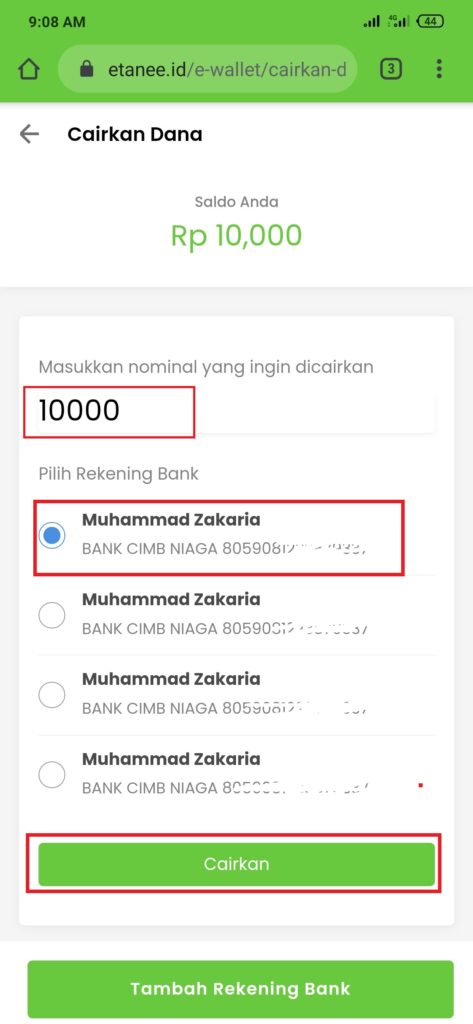 penarikan uang dari etanee