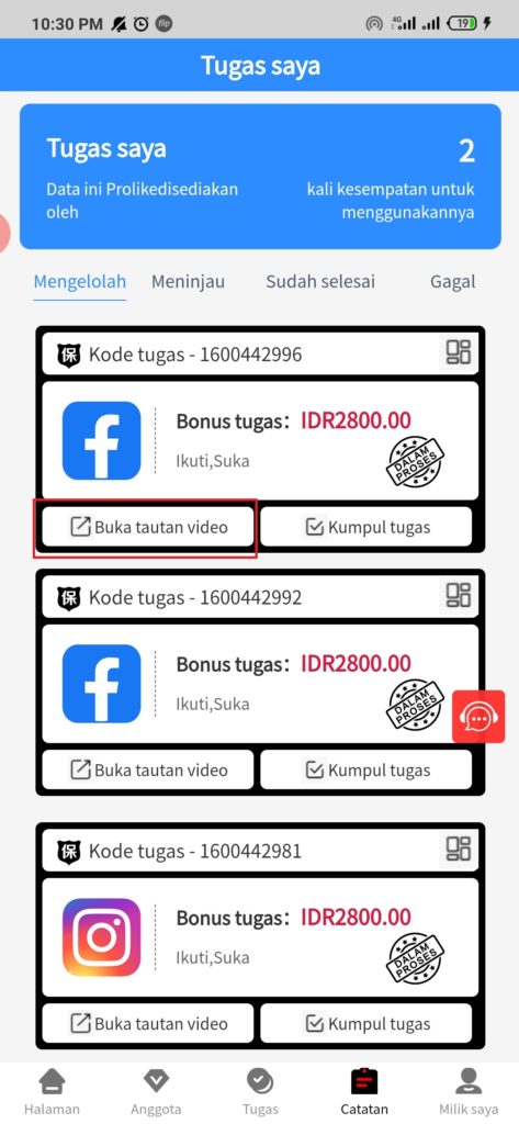 cara mengerjakan tugas dari aplikasi Pro Like