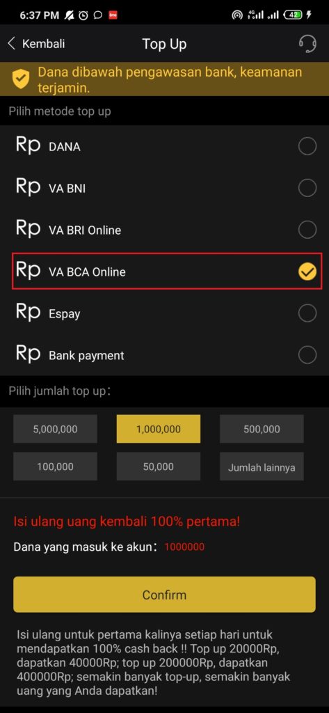 cara topup melalui rekening bank