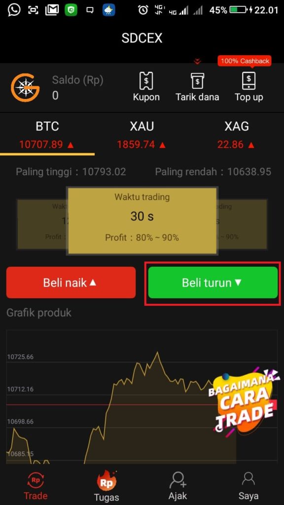 selanjutnya klik trade lalu klik beli turun