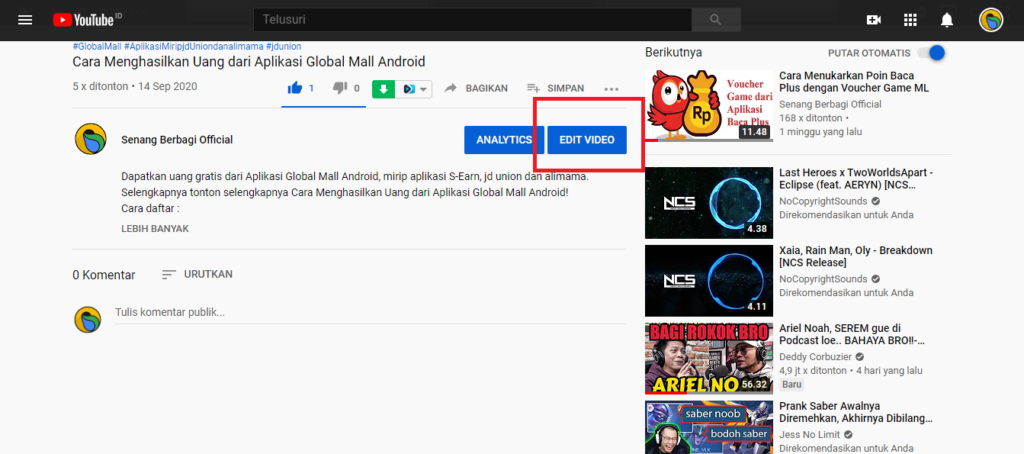 step selanjutnya silahkan klik edit Video seperti pada gambar