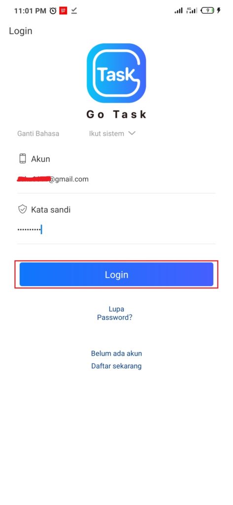 cara logind ari aplikasi Go Task