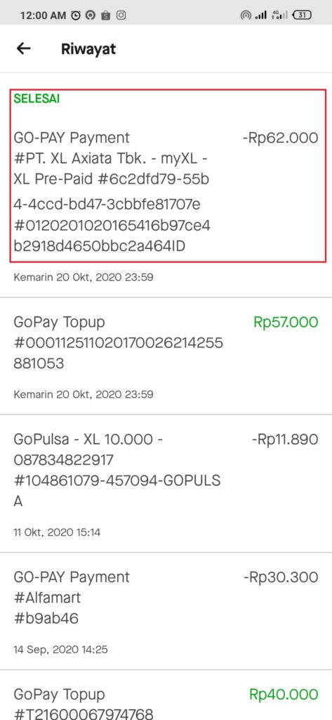 Bukti pembelian paket dari MyXL dengan Gopay