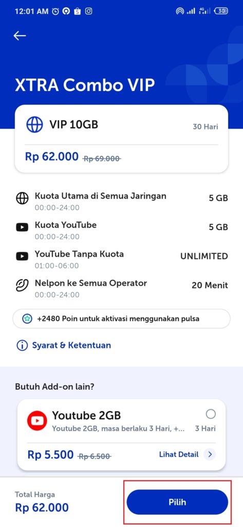 cara membeli paket xtra combo VIP