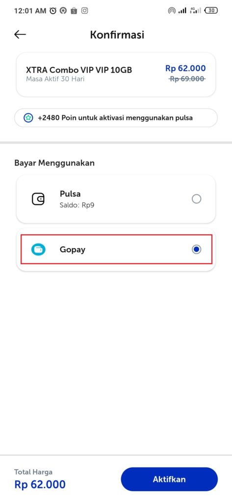 Gopay membeli paket di MyXL