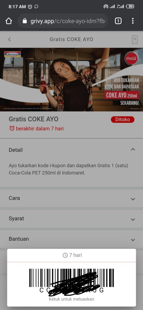 Bukti Kode Barcode Indomaret Coca Cola Gratis 250 ml
