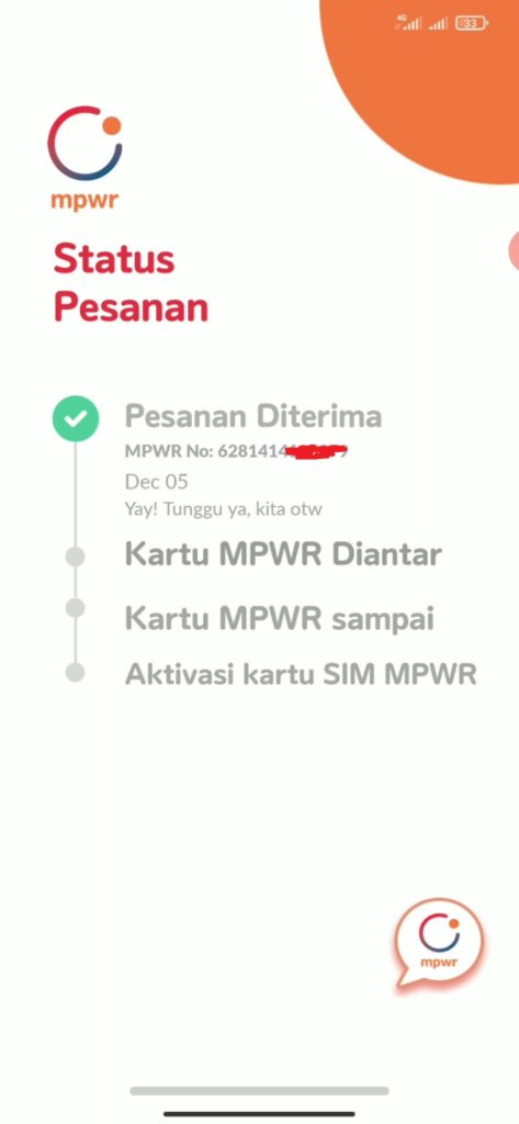 status pesanan kartu MPWR sedang diproses dan siap dianter ke rumah alamat anda