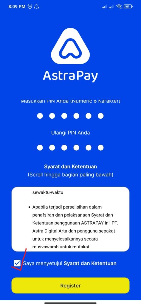 cara membuat pin dari aplikasi Astrapay