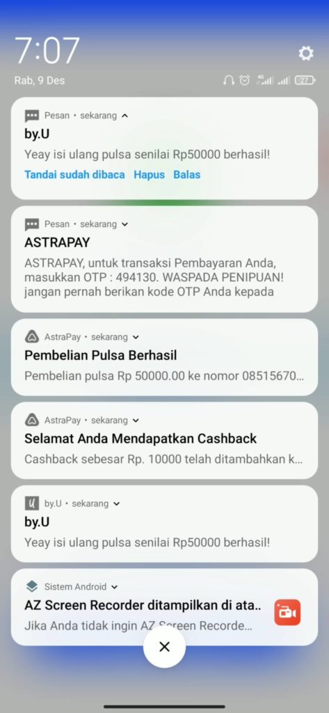 Bukti Pembayaran dari Astrapay dengan Pulsa All Operator