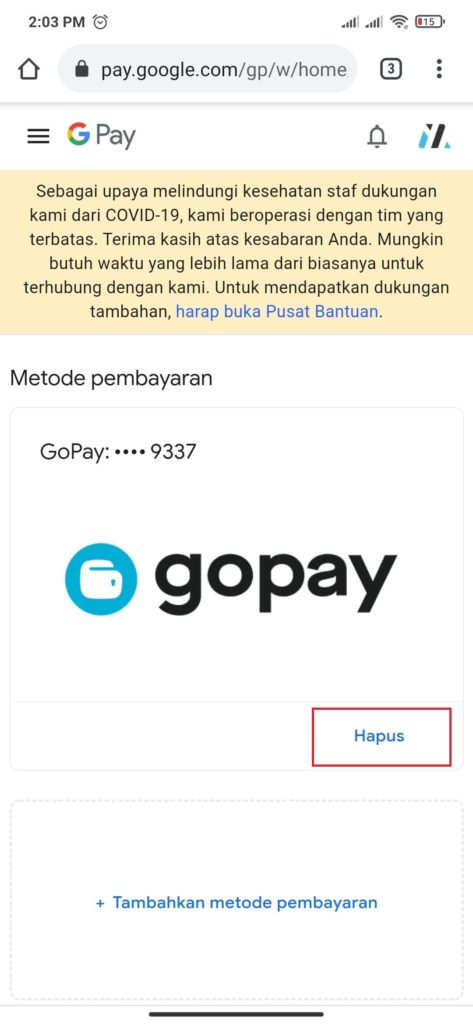 cara menghapus metode pembayaran gopay dari playstore