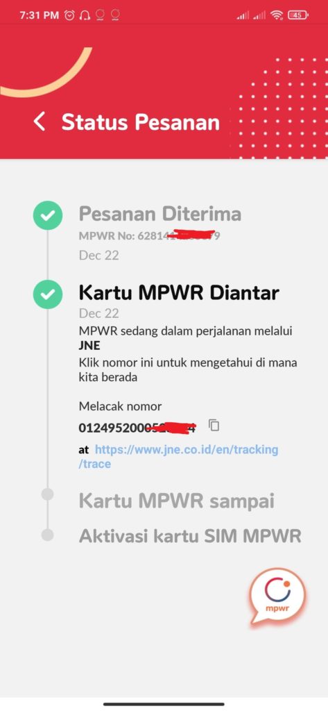 Bukti Pengiriman Kartu MPWR baru karna Hilang