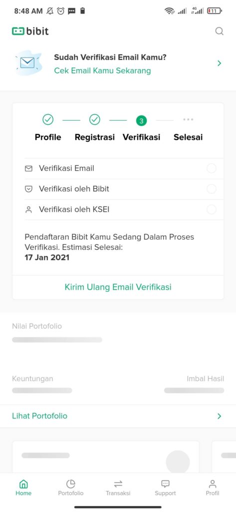 cara verifikasi email dari aplikasi bibit