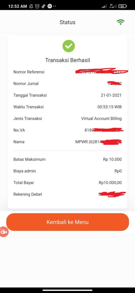 bukti isi pulsa kartu mpwr dengan rekening bank