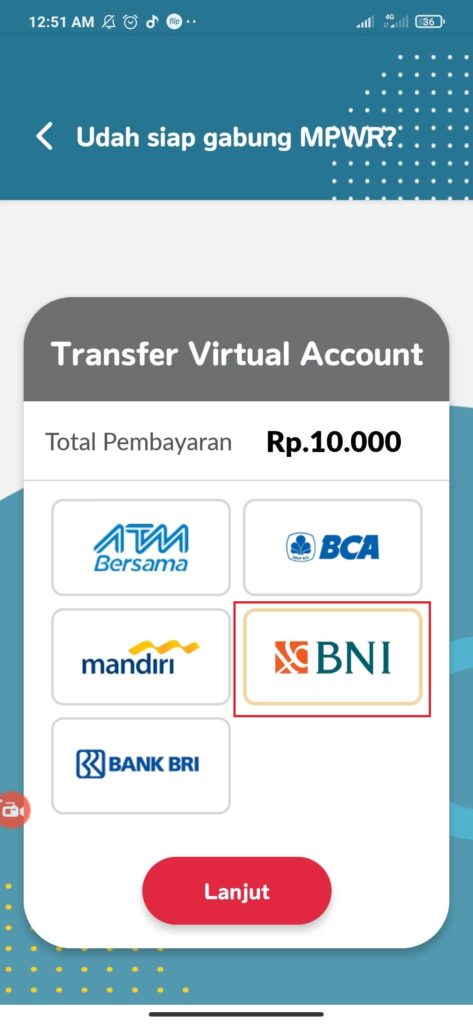 Cara topup kartu MPWR dengan rekening bank