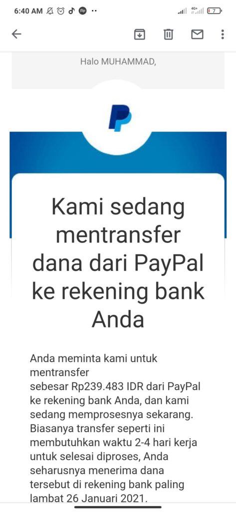 Bukti Penarikan Dollar Singapore dari Paypal ke Rekening Bank