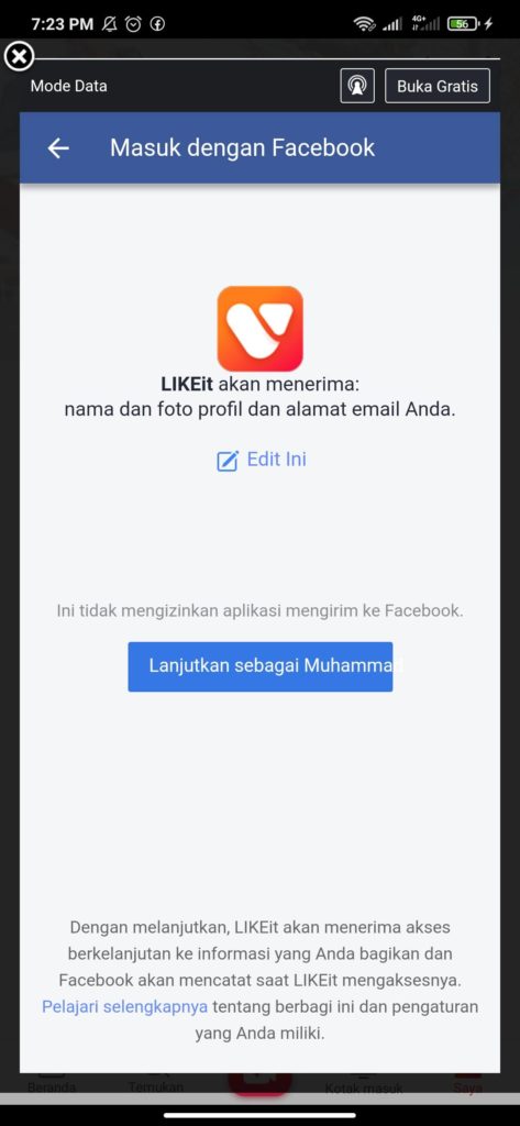 cara login dari aplikasi LIKEit dengan Facebook