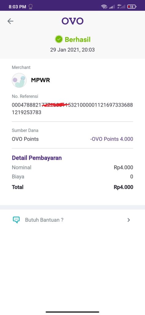 Pembayaran dari Aplikasi OVO untuk Paket Power ON MPWR