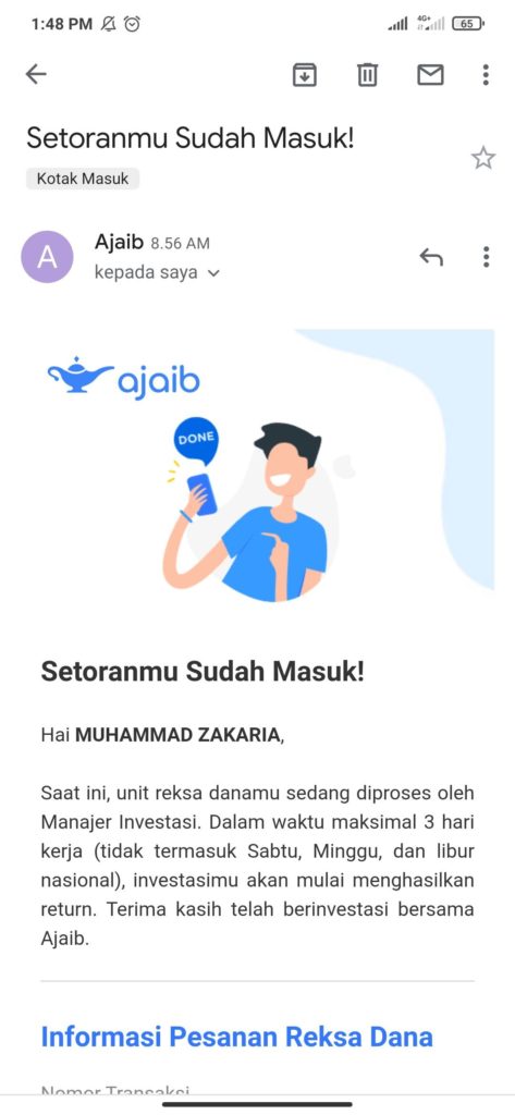 Bukti Investasi Saham Raksa Dana Berhasil diterima