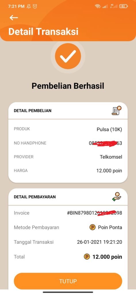 bukti penukaran poin dari ponta