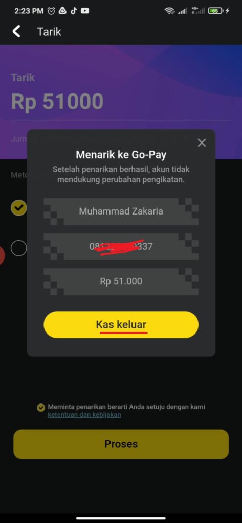 bukti penarikan dari aplikasi snack video