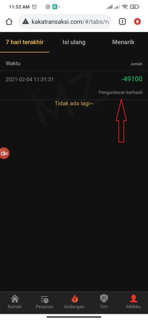 Bukti penarikan berhasil dari situs kakatransaksi