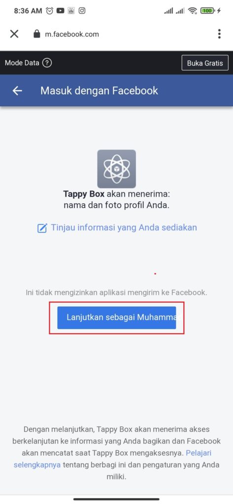 cara login dari aplikasi Tappy Box