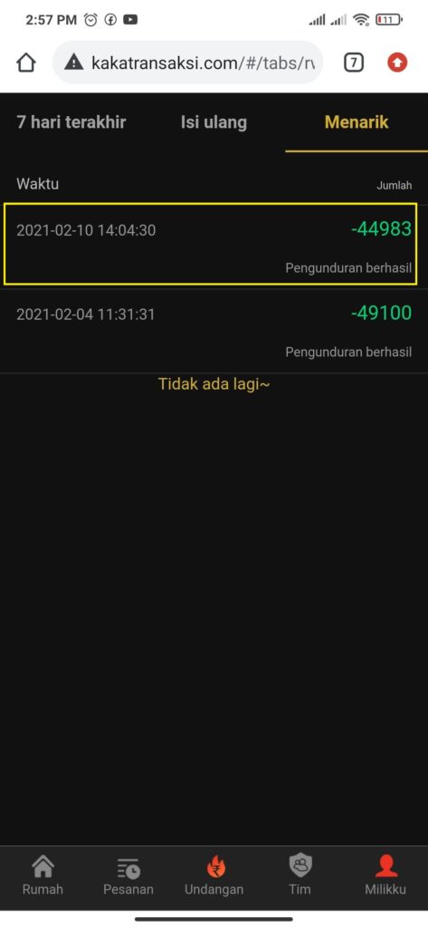 Bukti Penarikan dari Situs Kaka Transaksi