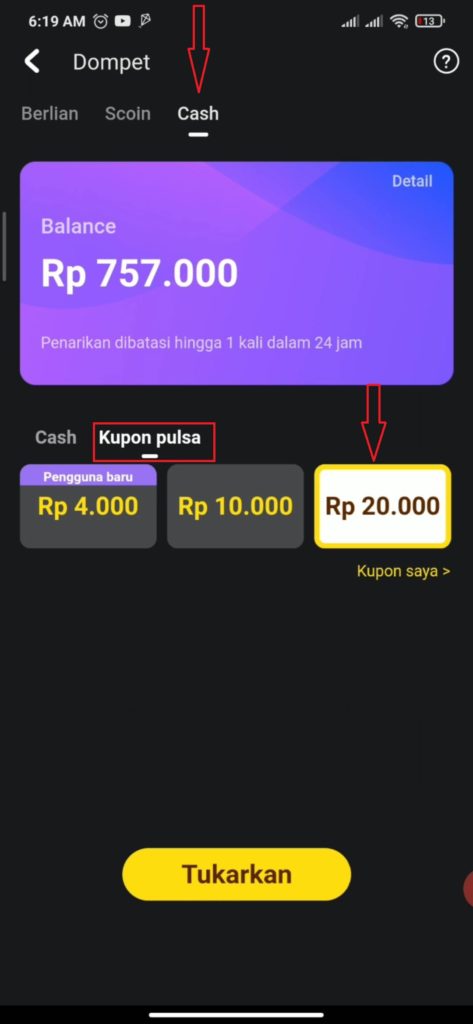 cara menukarkan saldo Snack dengan Kupon Pulsa