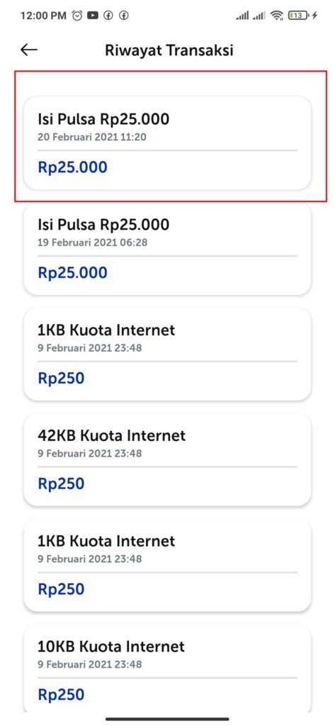 Rewayat Pembelian Pulsa Shopee dengan Kupon Pulsa dari Snack Video