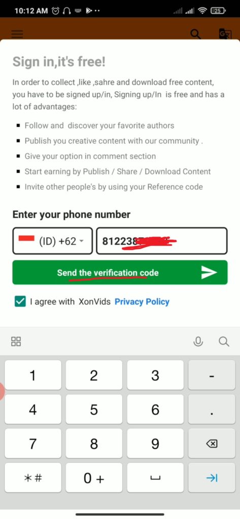 cara masuk dengan nomor hp dari aplikasi XonVids