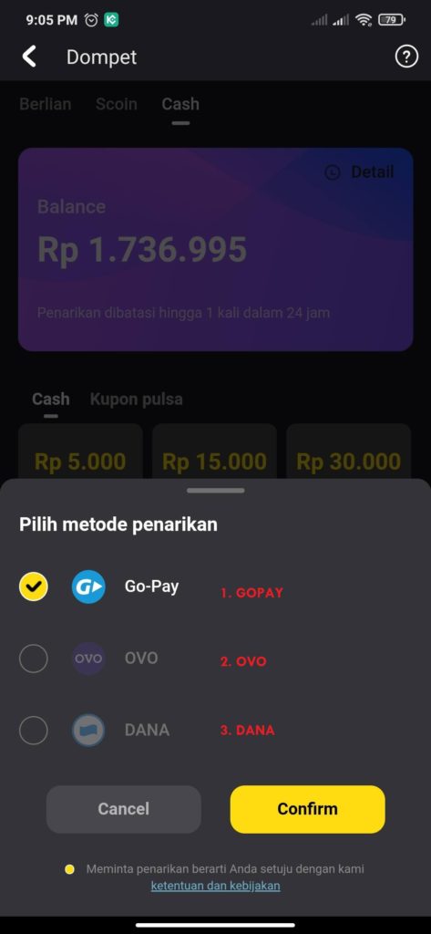 cara memilih metode penarikan dari aplikasi snack video