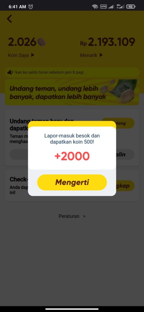 berhasil check-in harian Tanpa VPN