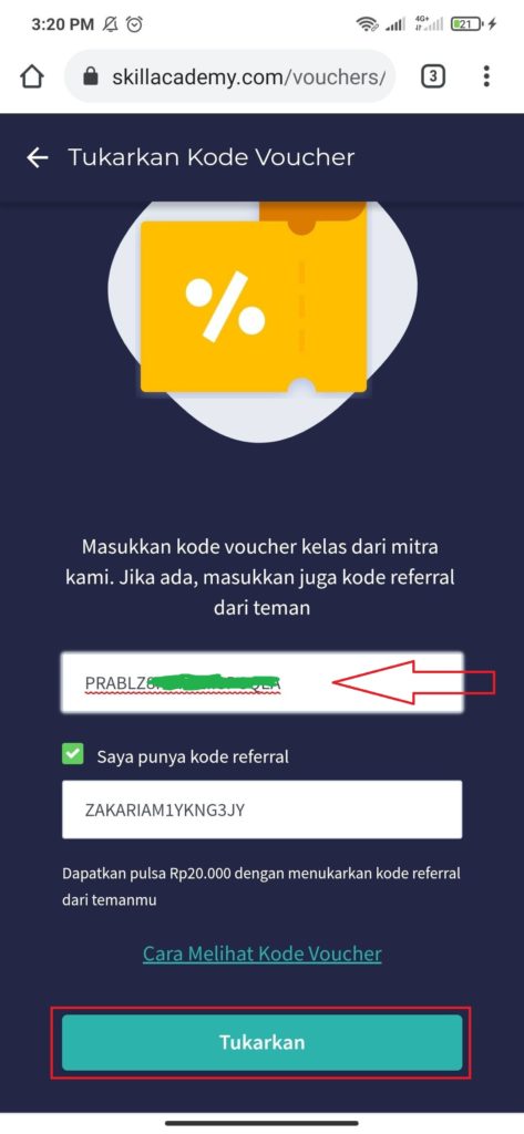 cara memasukan kode tambahan dari skill academy