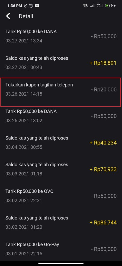 Bukti Pembayaran Tukar Kupon Pulsa Snack Video di Shopee