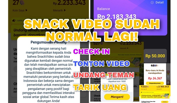 Kabar Gembira Aplikasi Snack Video Sudah Normal Lagi