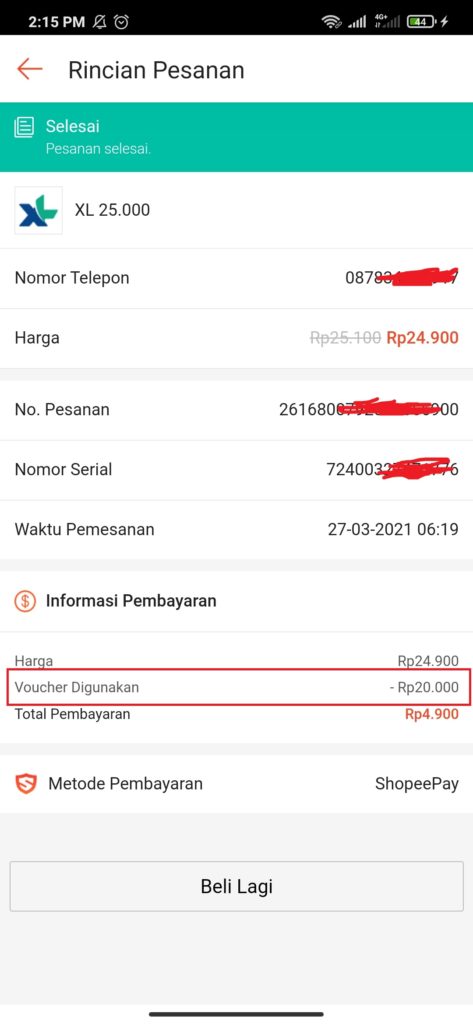 Bukti menggunakan kupon diskon dari snack video