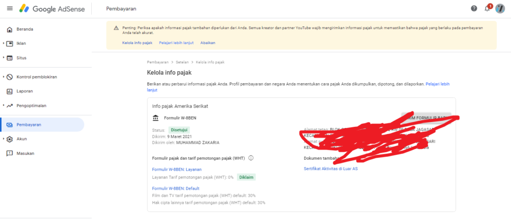 cara mengisi informasi pajak pada google adsense